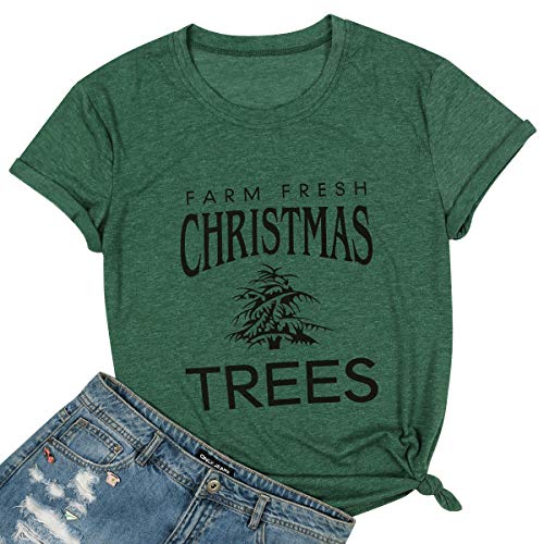 Farm Fresh Christmas Trees Shirt Women Christmas Holiday Short Sleeve Letter Print Tee Top